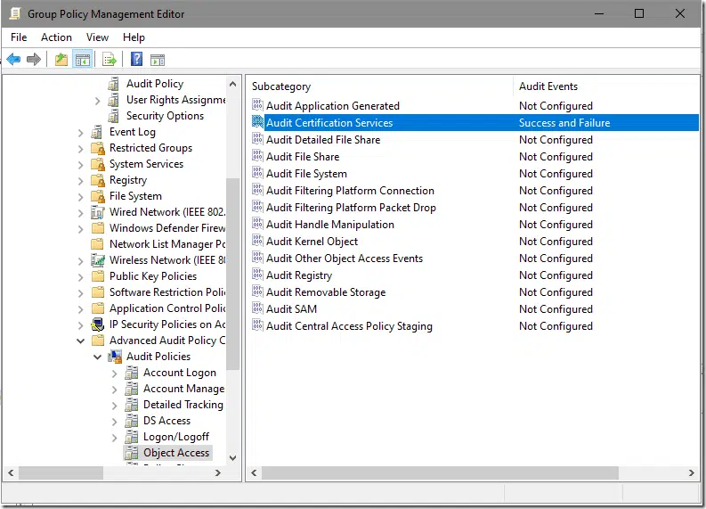 Screenshot of the Group Policy Management Editor with "Audit Certification Services" selected under "Object Access" utilizing ADCS