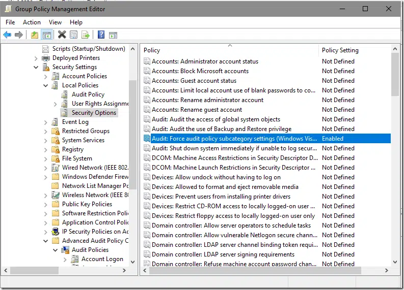 Screenshot of the Group Policy Management Editor with "Audit: Force audit policy subcategory settings" selected under "Security Options"