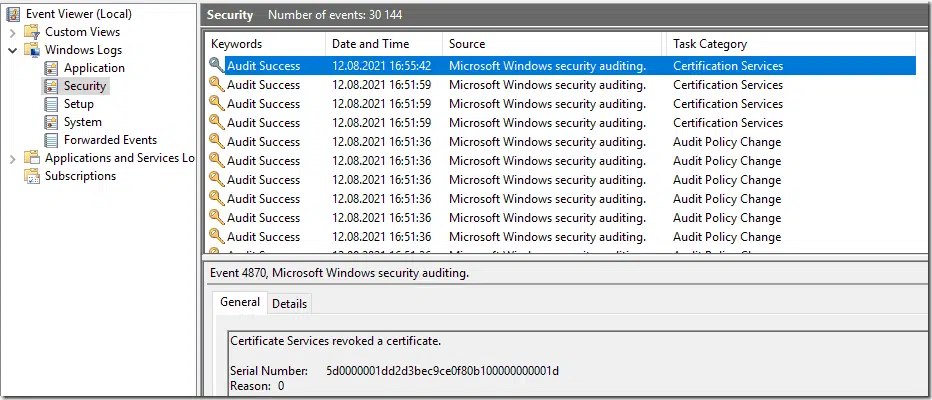 Screenshot of the Security Event Log with "Audit Success" selected