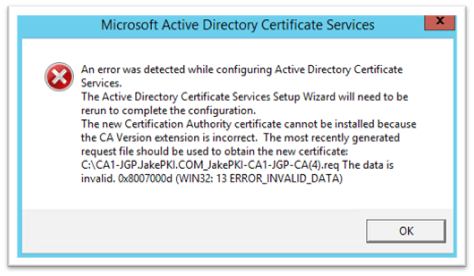 Screenshot of Microsoft Active Directory Certificate Services error window with error 0x8007000d