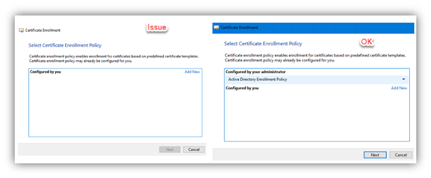 Screenshot of a comparison of a server not working and working correctly with certificate 