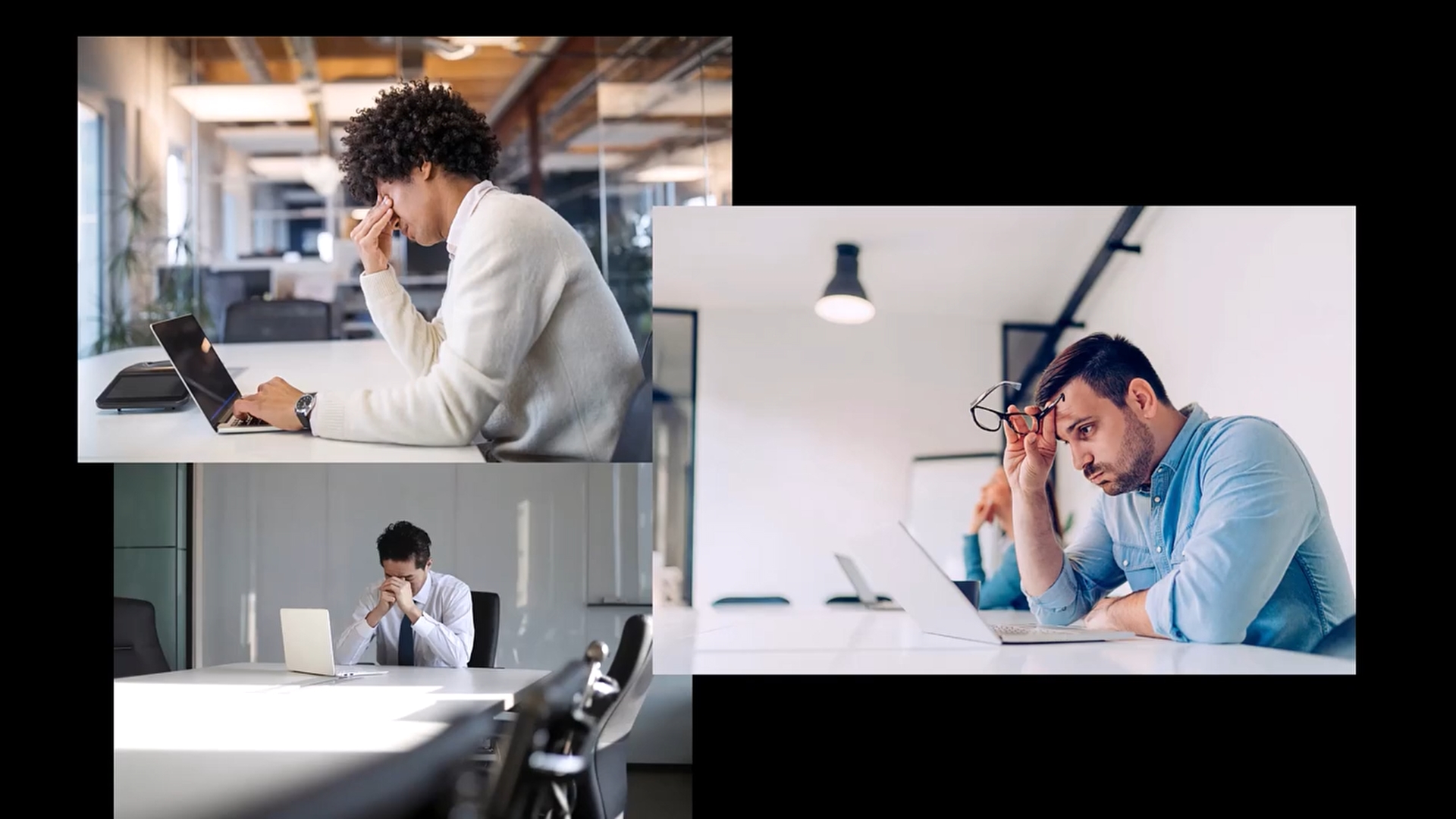 Three images of people looking frustrated at their computer